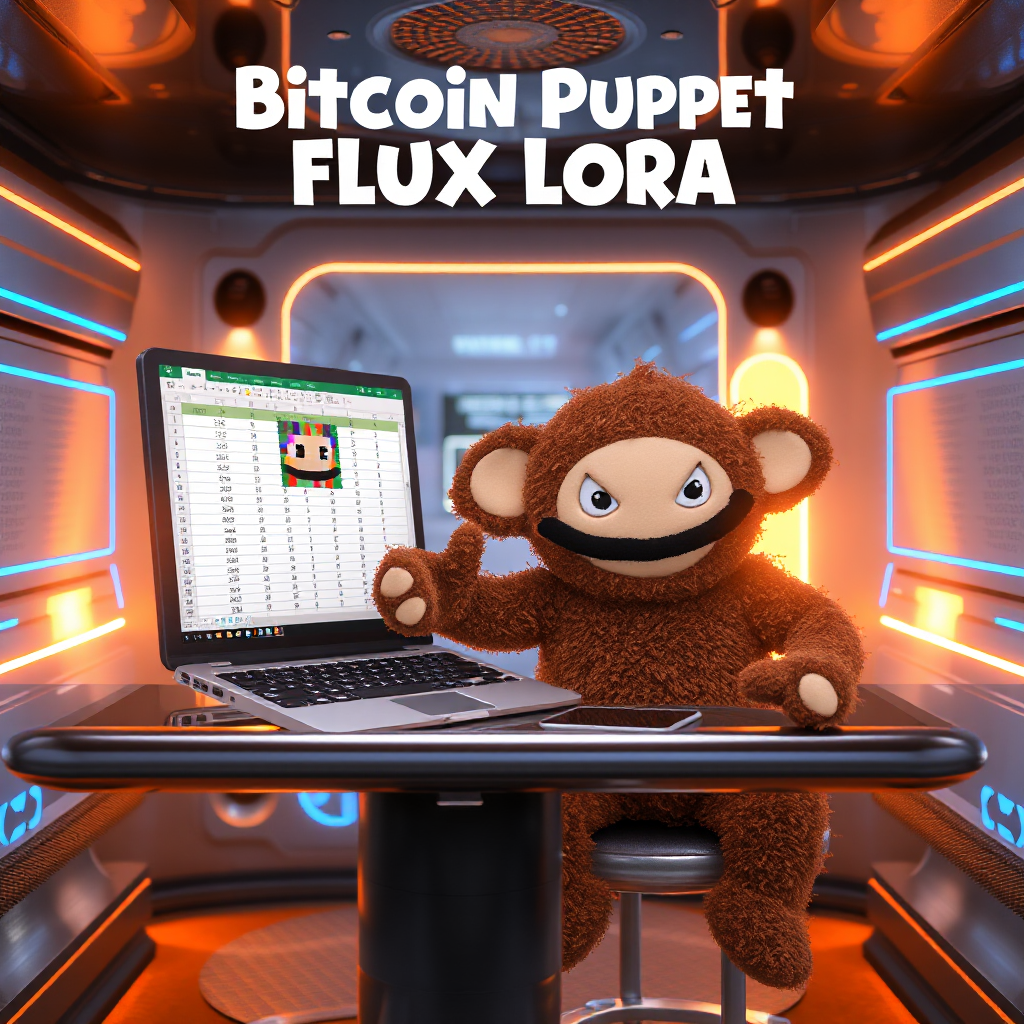 Bitcoin Puppet Flux LoRA cover image featuring a Bitcoin Puppet sitting next to a laptop in a futuristic room